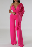Rose Red Sexy Solid Patchwork Backless Fold V Neck Regular Jumpsuits