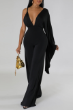 Rose Red Sexy Solid Patchwork Backless Fold V Neck Regular Jumpsuits