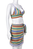 Multicolor Sexy Striped Tassel Backless Contrast Spaghetti Strap Sleeveless Two Pieces
