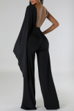 Rose Red Sexy Solid Patchwork Backless Fold V Neck Regular Jumpsuits