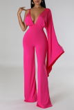 Rose Red Sexy Solid Patchwork Backless Fold V Neck Regular Jumpsuits