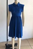 Blue Casual Print Letter Turndown Collar Waist Skirt Dresses