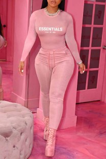 Pink Casual Print Letter O Neck Long Sleeve Two Pieces