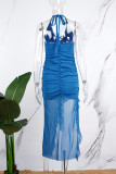 Blue Sexy Solid Bandage Backless Slit Halter Long Dress Dresses