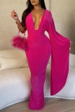 Red Sexy Casual Solid Frenulum Backless Asymmetrical V Neck Long Dress Dresses