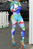 Colour Casual Print Patchwork Hooded Collar Skinny Jumpsuits