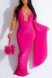 Red Sexy Casual Solid Frenulum Backless Asymmetrical V Neck Long Dress Dresses