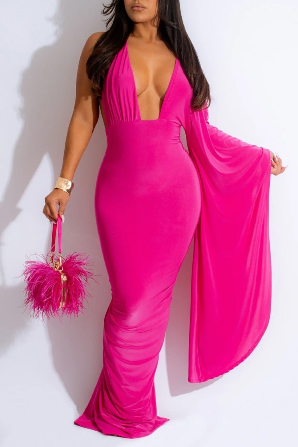 Rose Red Sexy Casual Solid Frenulum Backless Asymmetrical V Neck Long Dress Dresses