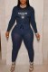 Navy Blue Casual Print Letter O Neck Long Sleeve Two Pieces