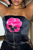 Black Street Floral Patchwork Backless Contrast Strapless Tops