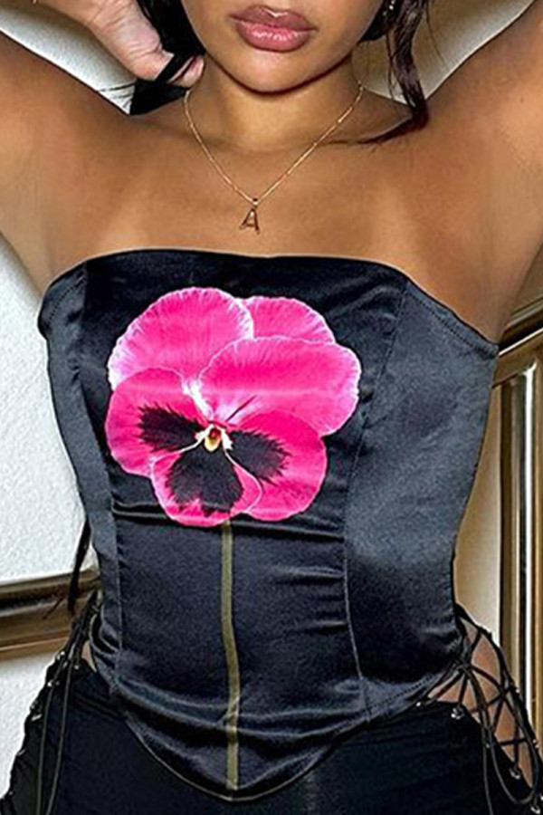 Black Street Floral Patchwork Backless Contrast Strapless Tops