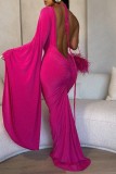 Red Sexy Casual Solid Frenulum Backless Asymmetrical V Neck Long Dress Dresses