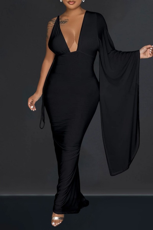 Black Sexy Casual Solid Frenulum Backless Asymmetrical V Neck Long Dress Dresses