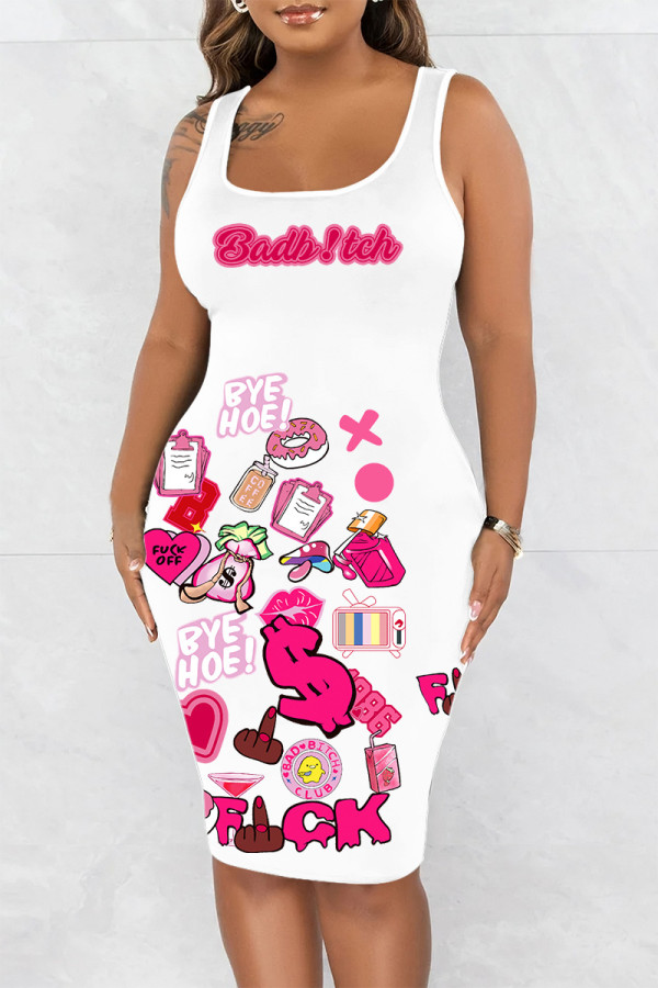 White Casual Print Basic U Neck Vest Dress Dresses