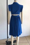 Blue Casual Print Letter Turndown Collar Waist Skirt Dresses