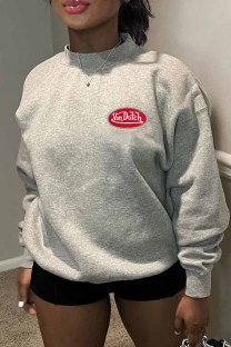 Grey Casual Print Letter O Neck Tops