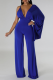Blue Sexy Solid Patchwork Backless Fold V Neck Regular Jumpsuits