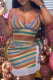 Multicolor Sexy Striped Tassel Backless Contrast Spaghetti Strap Sleeveless Two Pieces