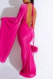 Red Sexy Casual Solid Frenulum Backless Asymmetrical V Neck Long Dress Dresses
