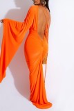 Red Sexy Casual Solid Frenulum Backless Asymmetrical V Neck Long Dress Dresses