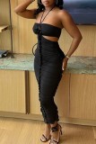 Black Sexy Solid Patchwork Backless Halter Strapless Dress Dresses