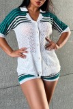 Green Casual Patchwork Hollowed Out Contrast Turndown Collar Short Sleeve Two Pieces