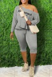 Red Sexy Print Letter Oblique Collar Long Sleeve Two Pieces