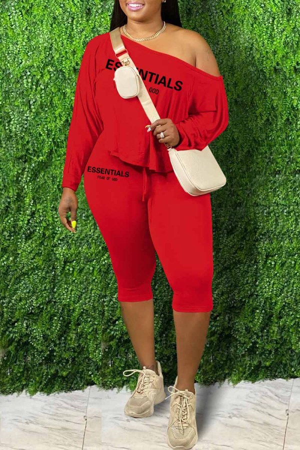 Red Sexy Print Letter Oblique Collar Long Sleeve Two Pieces