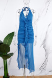 Blue Sexy Solid Bandage Backless Slit Halter Long Dress Dresses