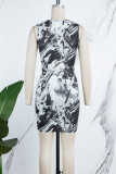 Black Casual Print Fold Basic O Neck Sleeveless Dress Dresses