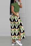 Green Casual Geometric Patchwork Pocket Slit O Neck Sleeveless Two Pieces
