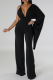 Black Sexy Solid Patchwork Backless Fold V Neck Regular Jumpsuits