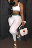 White Casual Patchwork Contrast U Neck Sleeveless Two Pieces