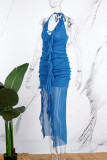 Blue Sexy Solid Bandage Backless Slit Halter Long Dress Dresses
