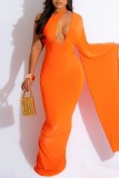 Red Sexy Casual Solid Frenulum Backless Asymmetrical V Neck Long Dress Dresses