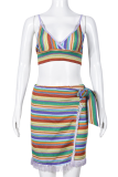 Multicolor Sexy Striped Tassel Backless Contrast Spaghetti Strap Sleeveless Two Pieces