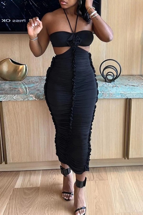 Black Sexy Solid Patchwork Backless Halter Strapless Dress Dresses