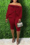 Red Sexy Print Letter Oblique Collar Long Sleeve Two Pieces