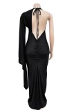 Red Sexy Casual Solid Frenulum Backless Asymmetrical V Neck Long Dress Dresses