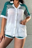 Green Casual Patchwork Hollowed Out Contrast Turndown Collar Short Sleeve Two Pieces