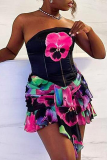 Black Street Floral Patchwork Backless Contrast Strapless Tops