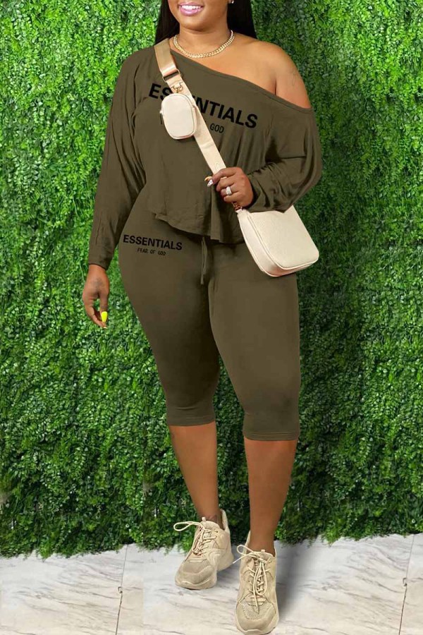 Dark Brown Sexy Print Letter Oblique Collar Long Sleeve Two Pieces