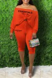 Red Sexy Print Letter Oblique Collar Long Sleeve Two Pieces