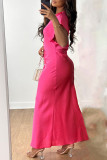 Rose Red Elegant Solid Patchwork O Neck Short Sleeve Dress