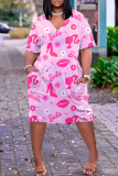 Pink Casual Print Patchwork V Neck Short Sleeve Dress