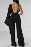 Rose Red Sexy Solid Patchwork Backless Fold V Neck Regular Jumpsuits