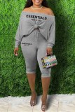 Red Sexy Print Letter Oblique Collar Long Sleeve Two Pieces