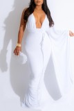 Red Sexy Casual Solid Frenulum Backless Asymmetrical V Neck Long Dress Dresses