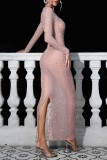 Pink Sexy Patchwork Hot Drilling See-through O Neck Long Sleeve Dresses