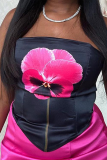 Black Street Floral Patchwork Backless Contrast Strapless Tops